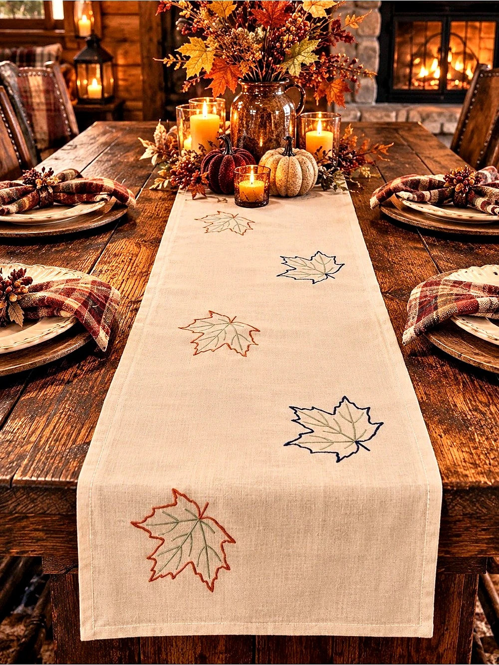 Embroidered Leaf Table Runner in Beige & Red Like New